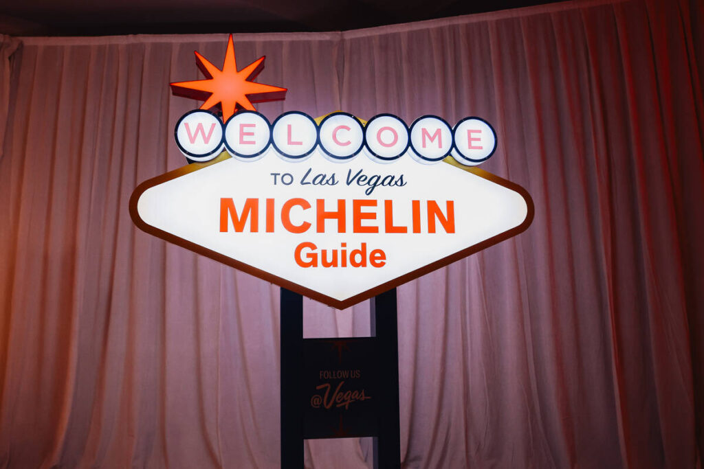 A welcome sign during the MICHELIN Guide Ceremony at the Fontainebleau Wednesday, Aug. 26, 2026 ...