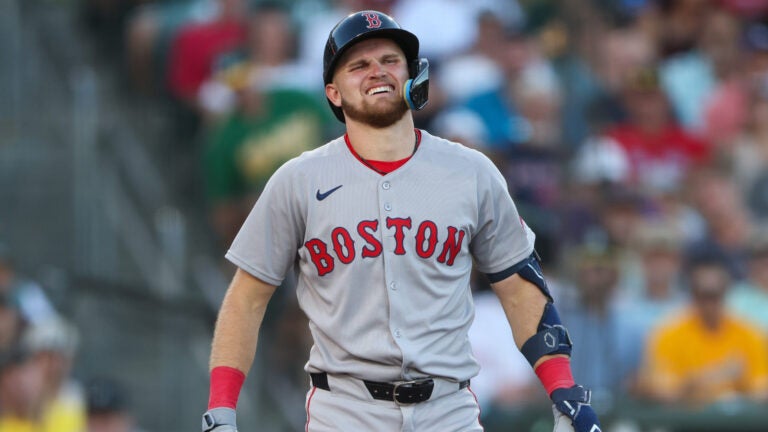 Boston Red Sox's Curtis Mead reacts after being hit by a pitch during the fourth inning of a baseball game against the Athletics, Monday, July 27, 2026, in West Sacramento, Calif.