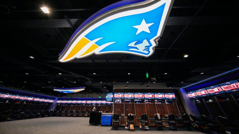 The team locker room pictured during a media tour at the New England Patriots state-of-the-art New Balance training headquarters in Foxborough, MA.