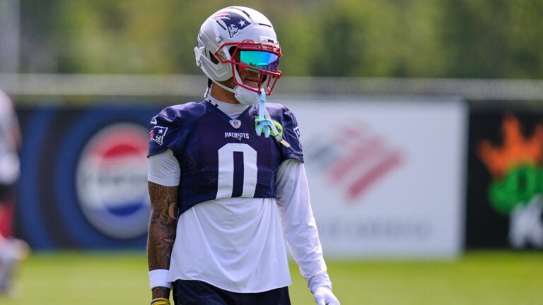 New England Patriots cornerback Christian Gonzalez (0) during the team's NFL football training camp, Monday, Aug. 10, 2026, in Foxborough, Mass.