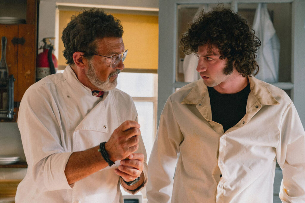 Dominic Sessa, right, and Antonio Banderas in the movie “Tony.” (Seacia Pavao/A24 ...