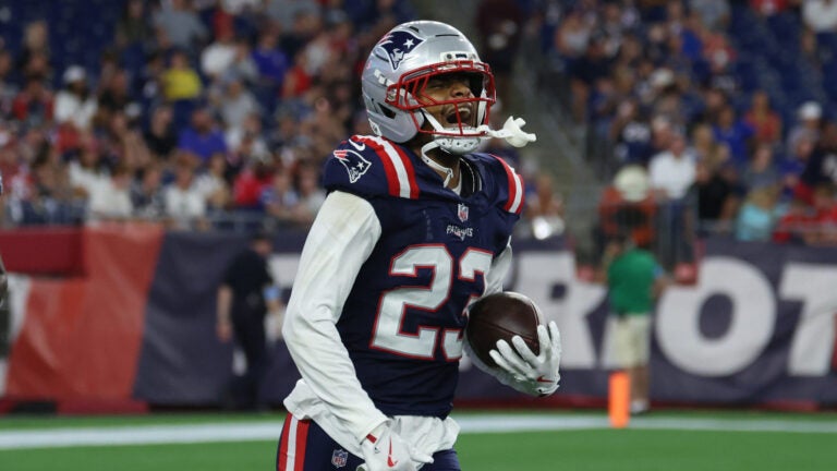 New England Patriots defensive back John Saunders Jr. (23) reacts after intercepting the ball during an NFL pre-season football game against the Indianapolis Colts, Thursday, Aug. 13, 2026, in Foxborough, Mass.
