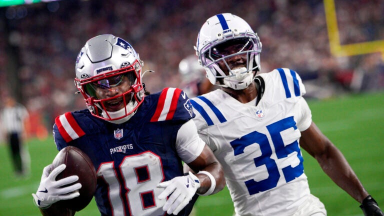 New England Patriots wide receiver Kyle Williams (18) makes the reception for a touchdown during the 2nd quarter. The New England Patriots host the Indianapolis Colts in a NFL pre-season game at Gillette Stadium in Foxborough, MA.