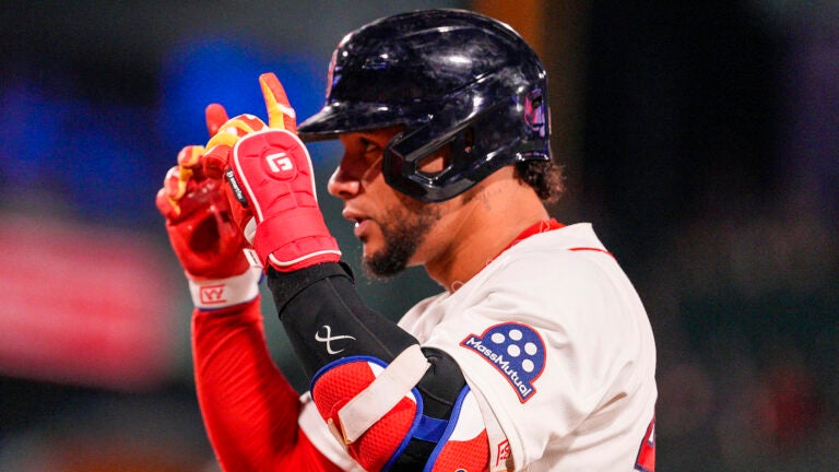 Boston Red Sox first baseman Willson Contreras (40) gestures after his RBI single during the 6th inning. The Boston Red Sox host the Arizona Diamondbacks Tuesday August 18, 2026 at Fenway Park in Boston, MA.