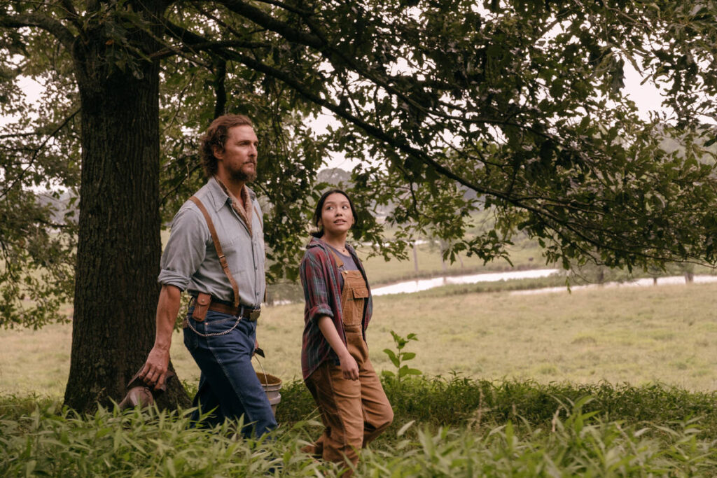 This image released by Black Bear shows Matthew McConaughey, left, and Angelina LookingGlass in ...
