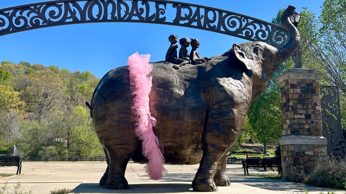Outdoor Movies in Birmingham: 5 spots to watch this fall 2 Miss Fancy elephant statue wearing tutu at Avondale Park