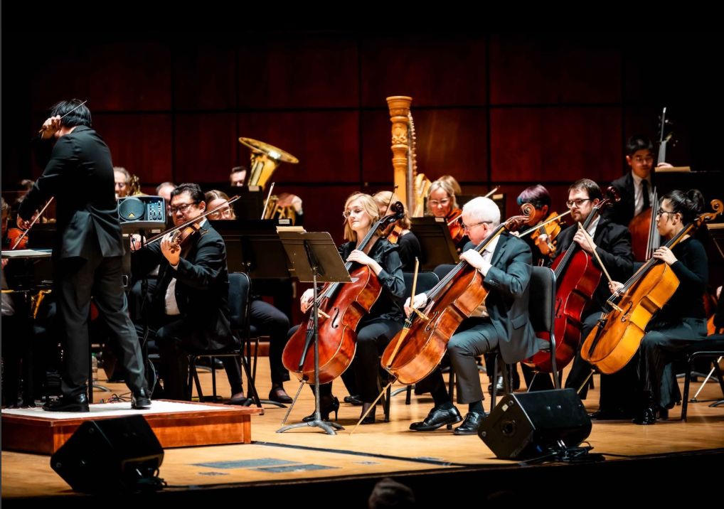 Conductor leading the Alabama Symphony Orchestra as musicians play cellos and violins on stage