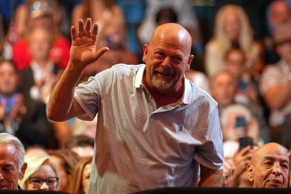 Rick Harrison stands as President Donald Trump speaks at an event at the Red Rock Casino Resort ...