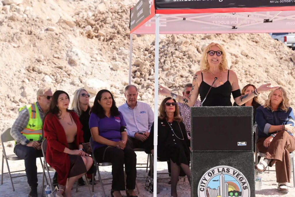Hogs & Heifers Saloon owner MIchelle Dell speaks during a groundbreaking ceremony for her n ...