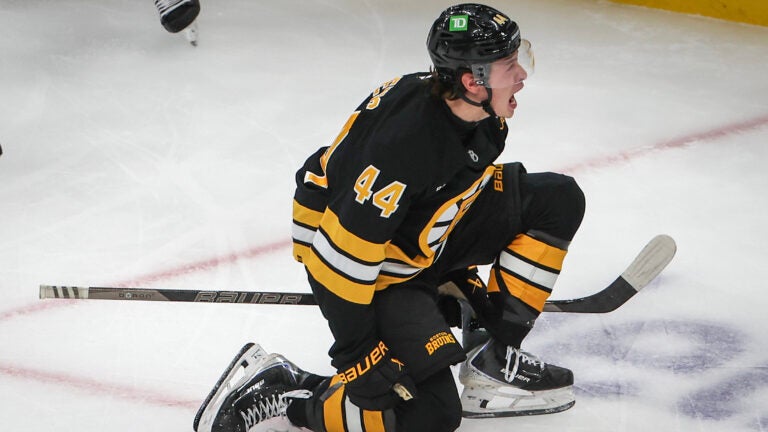 Boston Bruins center James Hagens (44) celebrates after scoring a goal against the San Jose Sharks during third period NHL action wat TD Garden on Saturday October 24, 2026.