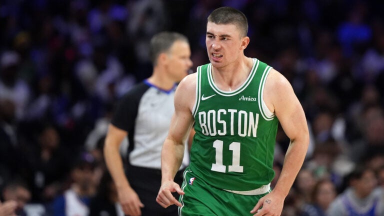 Boston Celtics' Payton Pritchard reacts after scoring during the second half of Game 4 against the Philadelphia 76ers in a first-round NBA basketball playoffs series Sunday, April 26, 2026, in Philadelphia.