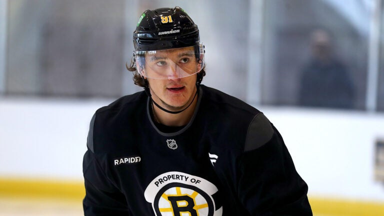 The Boston Bruins held training camp at Warrior Ice Arena. Nikita Zadorov skates in a drill.
