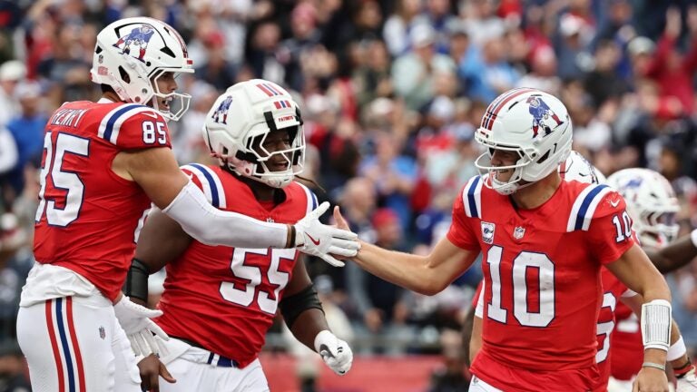 FOXBOROUGH, MASSACHUSETTS - OCTOBER 11: Drake Maye #10 of the New England Patriots celebrates after a touchdown pass to Hunter Henry #85 of the New England Patriots against the Las Vegas Raiders during the second quarter at Gillette Stadium on October 11, 2026 in Foxborough, Massachusetts.